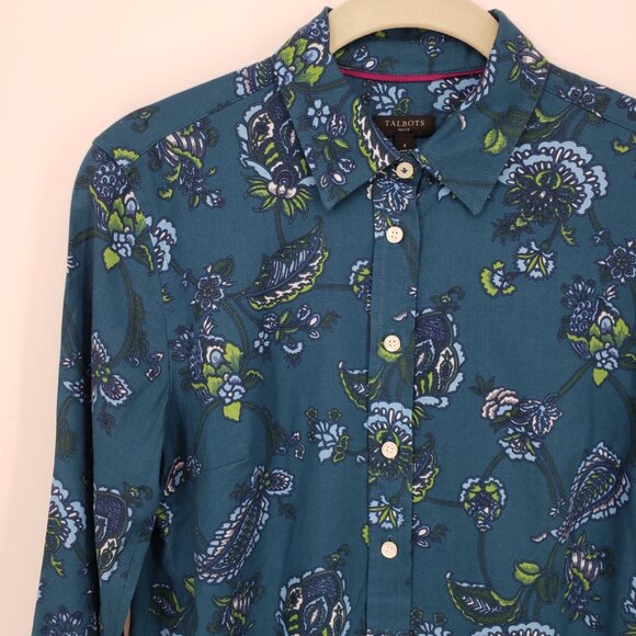 Talbots Floral Paisley Button Down Shirt XSP Womens Long Sleeves Teal Green Blue - Picture 4 of 9